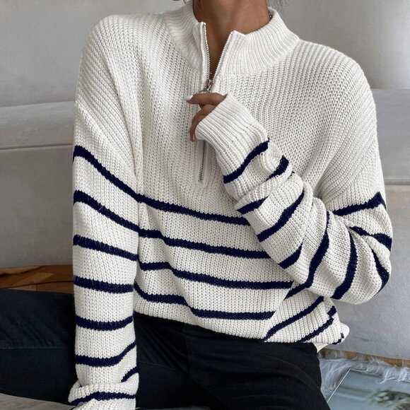 White Casual Womens Striped Drop Shoulder Zipper Front Sweater - Picture 4 of 5